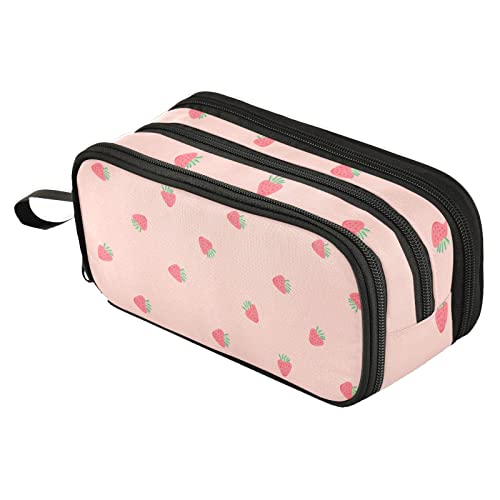 Image of Fustylead Sweet Pink Strawberry Floral Large Pencil Pen Case Stationery Bag, 3 Compartments School College Office Desk Organizer Storage Pouch Marker for Teen Boys Girls Students