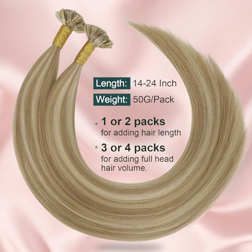 Image of Easyouth 20 Inch U Tip Human Hair Extensions Blonde, Hot Fusion Hair | Highlight U Tips Hair Extensions, 50G 50S, Dark Ash Blonde with Golden Blonde, Professional Salon Recommended