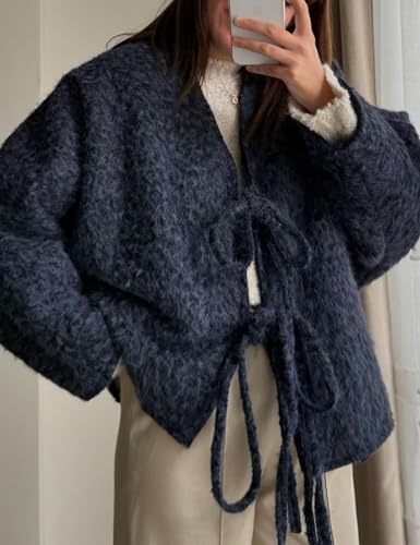 Yimoon Womens Tie Front Fuzzy Jacket Oversized V Neck Bow Fluffy Warm Coat 2024 Fall Loose Long Sleeve Outerwear4