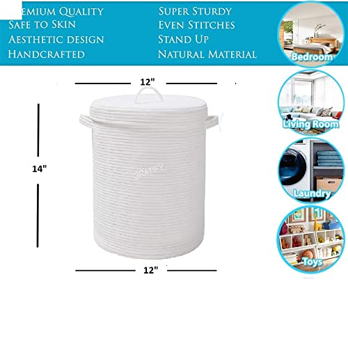 Image of Mansa Traders 12 inch x 12 inch x 14 inch Large Storage Basket with Lid, Cotton Rope Storage Baskets, Laundry Hamper, Toy Bin, Toys Blankets Pillows Storage in Living Room Baby Nursery, White Stiches with Cover