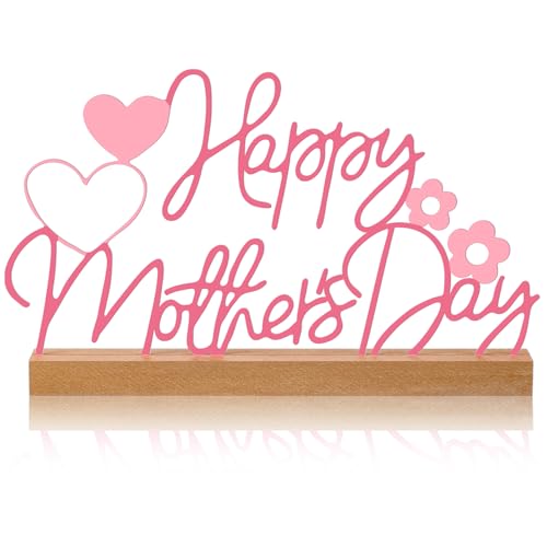Yaocom 9.84 Inch Metal Mother's Day Table Decoration Happy Mother's Day Letter Sign Mom Tiered Tray Decor with Wooden Base Freestanding Word Sign for Home Tabletop Centerpiece Mantel Shelf Fireplace