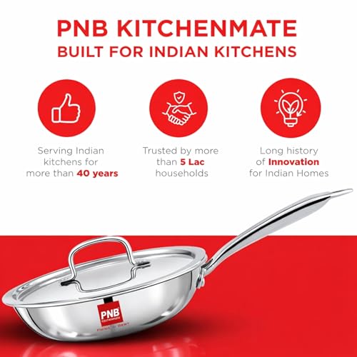Image of PNB Kitchenmate Triply Steel Frying pan with lid -24 cm | Triply Cookware - 5 Year Warranty| Stainless Steel Fry pan | Stainless Steel Cookware Set | Frying pan Induction | Fry pan Steel Stainless