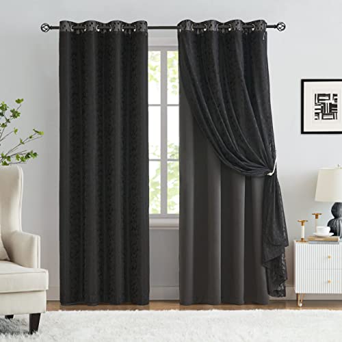 Image of Mix Matched Black Full Blackout & Sheer Leaf Lace Curtains 52 inchWx95L 6Panels