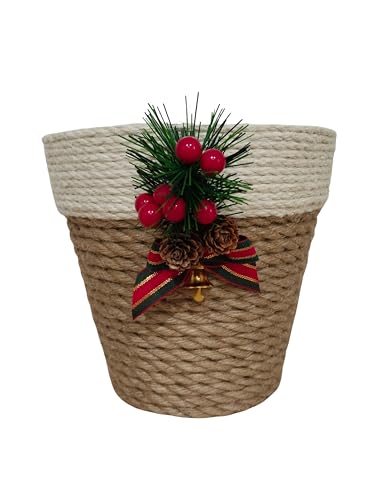 Genérico Macetero decoración Navidad. Maceta navideña Yute Natural. Adorno Decorativo. Flor de Pascua, Ponsètia. Nadal. Redondo. Interior y Exterior. para tiestos. Muérdago, Hoja de Abeto y piñas.