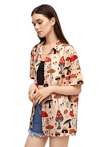 Sweatyrocks Women's Short Sleeve Cute Print Button Down Shirt Tops Mushroom Apricot L #TOP2