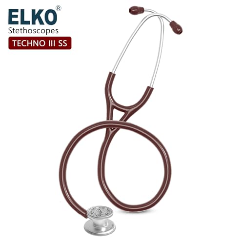 Image of ELKO TECHNO III SS Stainless Steel Stethoscope with ENGRAVING | Engrave Your Name or Initials on the Chest Piece | Lightweight Double-Sided Stainless Steel Chest piece | Two-Way PVC Tubing | Ideal for Doctors & Medical Students (Brown)