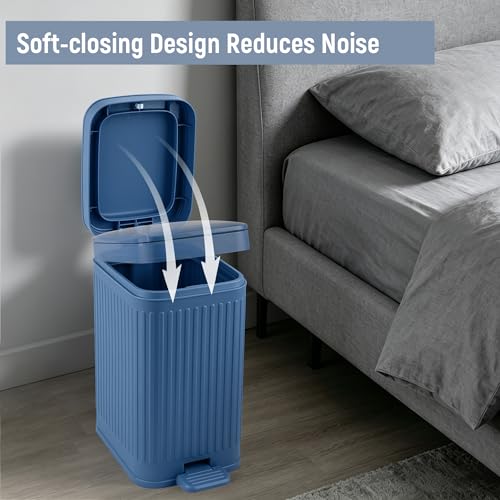 Image of rejomiik Small Bathroom Trash Can with Lid Slim Soft Close Garbage Can Step Wastebasket Container Trash Bin for Office Bedroom Kitchen Living Room 1.9 Gallon, Navy Blue