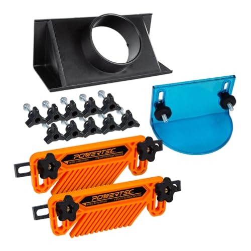 POWERTEC 71914 Full Size Router Bit Guard with 2.5" ID Router Table Dust Port & 2-PC Router Fence/Table Featherboards, and 1/4"-20 T-Track Hex Bolt/Washer/Knob Kit