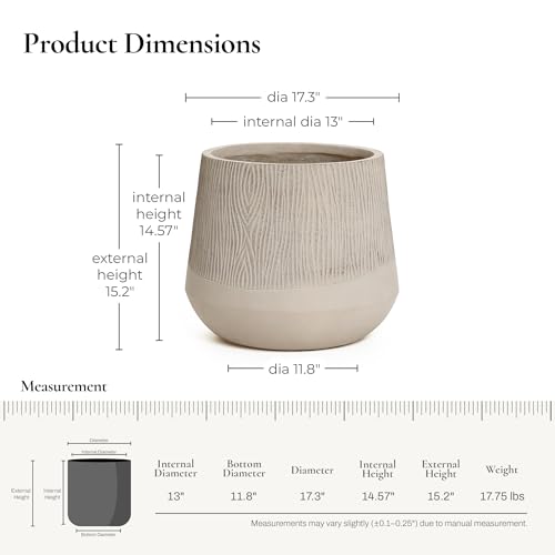 LuxenHome 17\" Dia Concrete Round Planter, Large Outdoor Indoor Plant Pot with Drainage Hole and Rubber Plug, Flower Pot for Plants, Blended Tan with Wood Pattern Planter for Home Garden Patio - Thumbnail 2