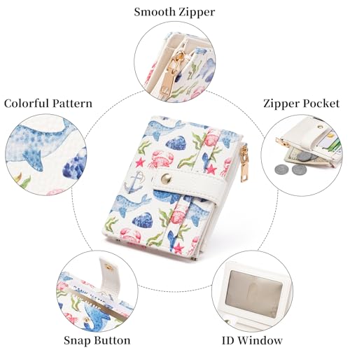Image of GOIACII Small Wallet for Women Leather Bifold Zipper Coin Pocket RFID Blocking Cute Credit Card Holder Whale Print
