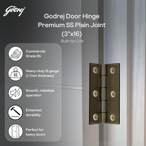 Image of Godrej Door Fittings | 3 inch x 16 Gauge Plain Joint Door Butt Hinges (Pack of1, 5 Pcs /Pack) | Antique Brass Finish, Smooth Operation | 3 Holes Kabza for Doors, Windows & Wardrobe | 1 Yr Warranty