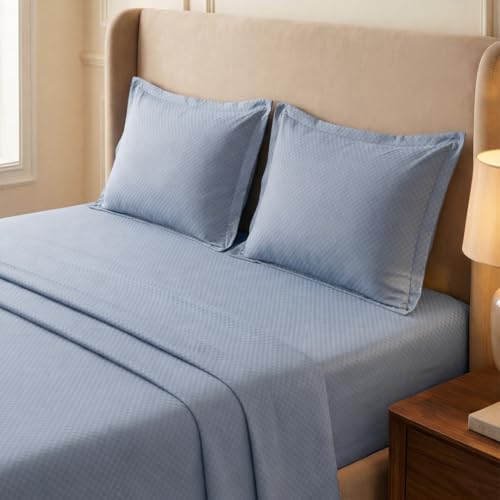 Image of LANE LINEN 400TC 100% Cotton Micro Check King Size Bedsheet - French Blue | OEKO-Tex Certified, 108 x 108 Inch, Fits King & Double Size Bed, Breathable & Wrinkle-Free, Includes 2 Pillow Covers