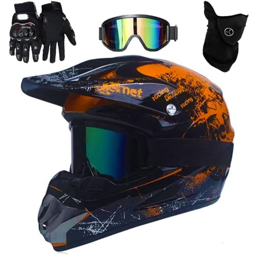 Casque de Moto Tout-Terrain DOT Pour Enfants de 8 à 18 Ans, Avec Gants, Lunettes Et Masque, Pour GarçOns Et Filles, Pour Motocross Et Tout-Terrain(Orange 80,S(52-53cm))