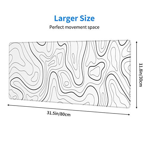 Image of White Extended Gaming Mouse Pad - 31.5 x 11.8 Inch Black and White Topographic Mouse Pad with Anti-Slip Rubber Base for Home Office