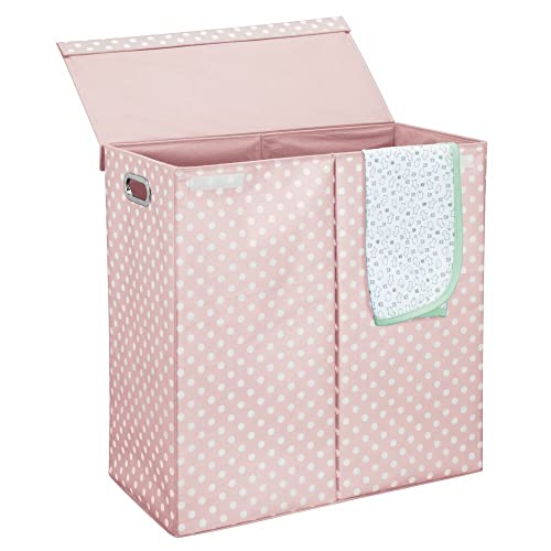 Image of mDesign Extra Large Divided Laundry Hamper Basket with Lid - Portable, Foldable for Compact Storage - Double Hamper Design for Nursery, Girl's Room, Kid's Playroom - Fun Polka Dot Print - Pink/White