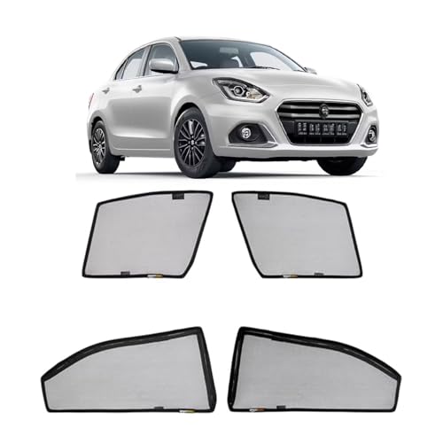 Image of Amazon Basics Side Window Sun Shade for Maruti Suzuki Dzire (2024 Onwards) - Front Half Cut + Rear Zipper | Custom-Fit Magnetic Car Curtains | Black | Pack of 4 Pcs | Cotton Mesh