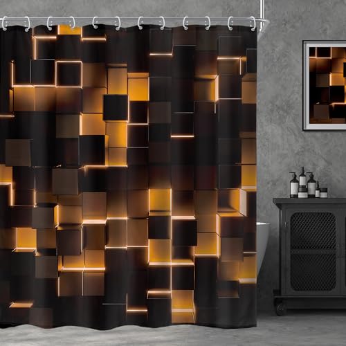Riyidecor Black Orange Shower Curtain 60Wx72H Inch Abstract Wall Brick