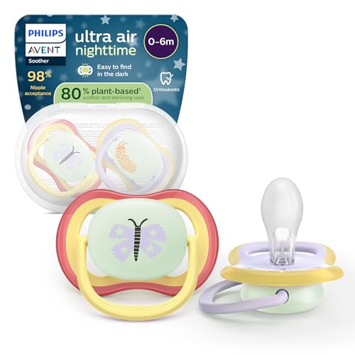 Philips Avent Ultra Air Nighttime-fopspenen - orthodontisch design, voor baby's van 0-6 maanden, glow-in-the-dark, zachte symmetrische siliconen speen, BPA-vrij, set van 2, SCF376/25