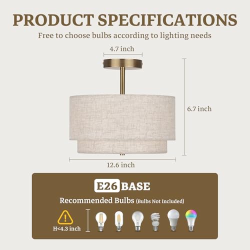 Semi Flush Mount Ceiling Light Fixture,12.6'' Gold Light Fixtures Ceiling Mount, Modern Close to Ceiling Light with 2-Layer Linen Shade,Farmhouse Drum Ceiling Light for Bedroom Hallway Living Room - Image 3