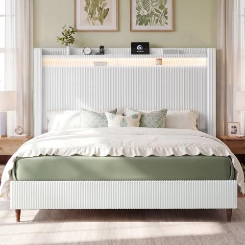 Image of Queen Size Bed Frame with 55.3 inch Tall Headboard, Corduroy Upholstered,White