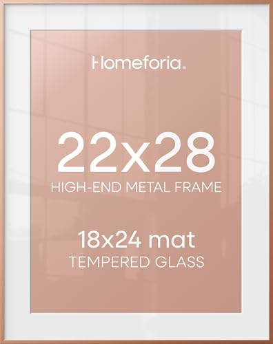 Image of Homeforia 22x28 Rose Gold Picture Frame, High End Metal 22x28 Poster Frames with Mat 18x24 inch Photo, 22 x 28 Thin Frame Matted to 18 x 24 Print, 28x22 Large Frame, Tempered Glass, Wall Kit, Set of 1