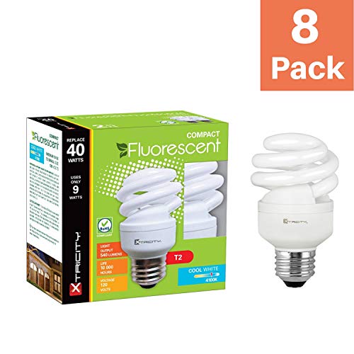 Xtricity Compact Fluorescent Light Bulb T2 Spiral Cfl, 4100K Cool White, 9W (40 Watt Equivalent), 540 Lumens, E26 Medium Base, 120V, Ul Listed (Pack Of 8) #TOP1