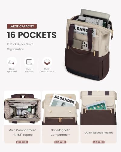 Image of LOVEVOOK Laptop Backpack for Women with Giant Tumbler Holder, 15.6 Inch Work Laptop Bag with USB Port, Fashion Teacher Nurse Backpack Purse, Waterproof Travel Computer Backpack, 2PCS, Apricot-Coffee