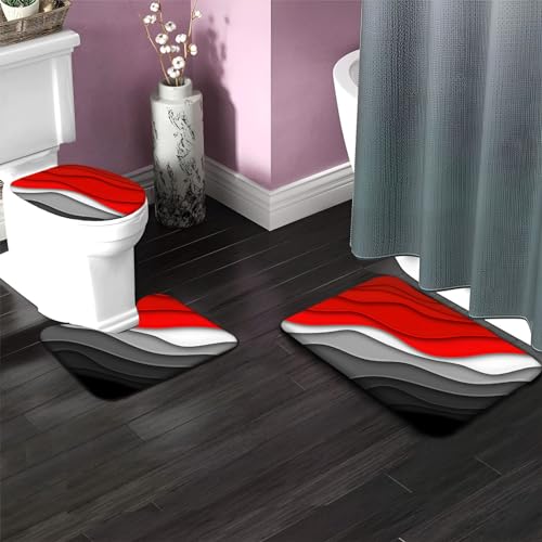 Badezimmerteppich Set 3 Teilig Rote Schwarze Graue Streifen Badematte rutschfest Bad Teppiche Set U-förmiger Teppiche und WC-Deckelbezug für Dusche und Toilette – Bild 5