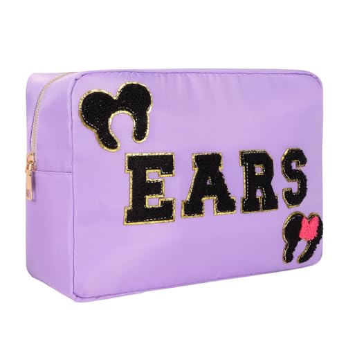 Dealkion Bolsa para orelhas de rato, estojo de viagem, acessórios de cabelo, organizador de laço, orelhas de rato, suporte de armazenamento de nylon, grande, carta de chenille, bolsa de maquiagem