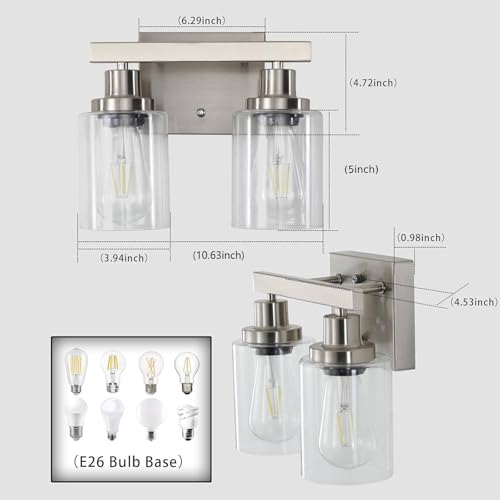 Image of Bathroom Vanity Light, 2-Light Nickel Modern Matte Wall Sconce Lighting with Clear Glass Shade, Wall Lights,Bath Vintage Wall Mounted Lamps for Mirror Bedroom Living Room