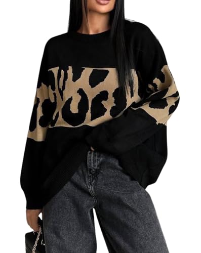 chouyatou Women 2025 Fall Leopard Print Pullover Sweater Crewneck Oversized Color Block Sweater Jumper Top