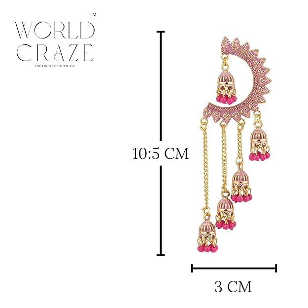 Image of WORLD CRAZE Multicolour long kashmiri jhumka for women chandbali earrings chand baliyan | kashmiri earrings for women | bahubali earrings stylish | Traditional Indian Festive Jewelry | Long Chain Tassels | Pearl Drop Latkan Jewellery (Multi colour)