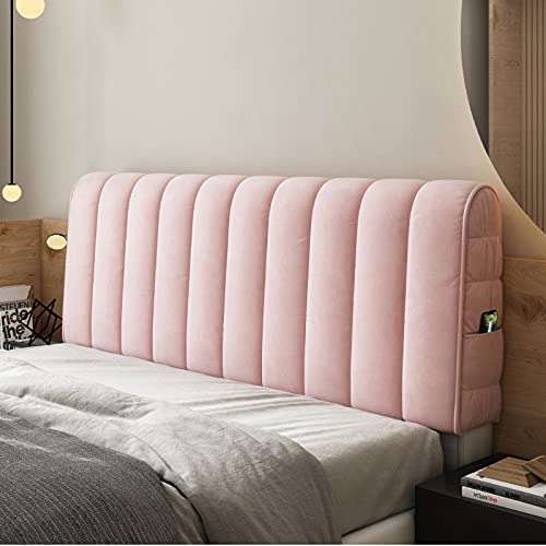 Queen King Bed Head Cover, Soft Diamond Velvet Cotton Quilted Bed Headboard Slipcover Single Double Wooden Leather Fabric Bed Backrest Protector Headboards Cover Bedroom Decoration,Pink-Length:150cm