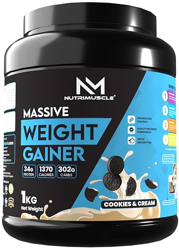 Image of Nutrimuscle Massive Weight Gainer - 1 Kg - Cookies and Cream Flavour - Contains Complex Carbohydrates for Healthy Weight Gain