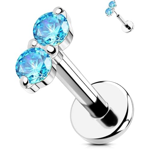 OUFER Cartilage Piercing Jewelry, 316L Stainless Steel 16G Helix Earrings Flat Back, Gold Push in Threadless Lip Rings Studs, CZ Cartilage Helix Tragus Earrings for Women Men Silver_Aquamari