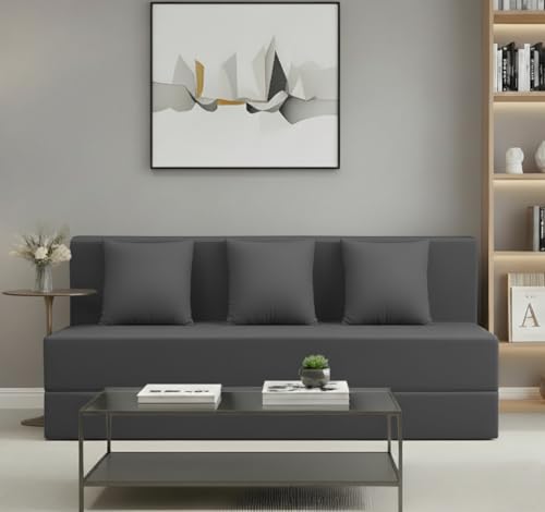 Image of AMATA Instant 3 Seater Foldable Sofa Cum Bed Grey Suede Velvet Fabric with 2 Pillow Perfect for Home Living Office Room and Guests (3 Year Warranty) (Grey, Instant 3 Seater Sofa Cum Bed)