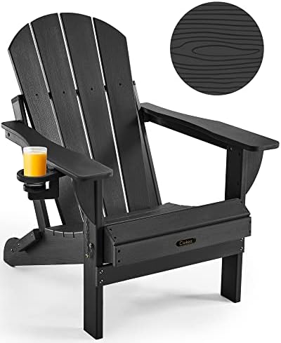 Ciokea Folding Adirondack Chair Wood Texture, Patio Adirondack Chair Weather Resistant, Plastic Fire Pit Chair with Cup Holder, Lawn Chair for Outdoor Porch Garden Backyard Deck (Black)