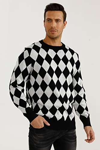 Gingtto Mens Long Sleeve Pullover Sweater Retro Argyle Sweater Slim Fit For Men Black And White 2Xl #TOP2