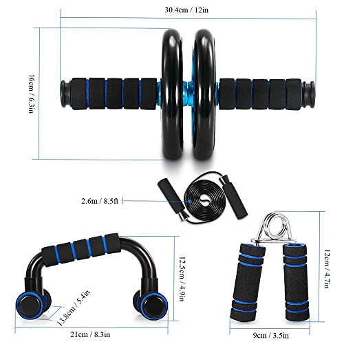 TOMSHOO 5 in 1 - Kit de Rueda Abdominal, Push Up Bars, Cuerda para Saltar, Fortalecedor de Mano, Rodilla Mat para Entrenamiento en Casa Ejercicios Fitness (Negro y Azul)