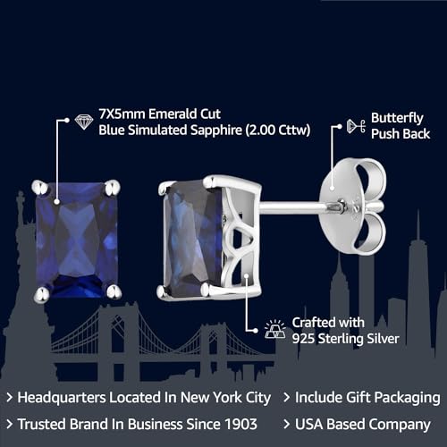 Gem Stone King 2.00 Cttw Simulated Blue Sapphire Bridal Stud Earrings For Women Men | 925 Sterling Silver | 7X5MM Emerald Cut2