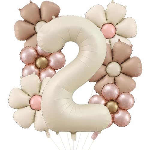 DazzJoy Palloncino decorativo a forma di margherita, 7 pezzi, per 2° compleanno, ragazza, crema, palloncino, festa, 2 anni, ragazza, alluminio, riutilizzabile, riempimento a elio
