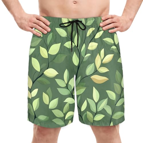Men's Swim Trunks Size S Green Leaves with Mesh Lining Soft Breathable Quick Dry Beach Shorts