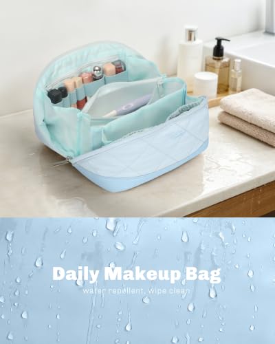 Image of Hynes Eagle Travel Makeup Bag for Women Puffy Cosmetic Organizer Pouch Open Flat Toiletry Bag for Toiletries Brushes Structured Base Light Blue