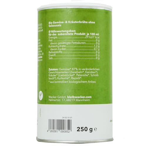 Wacker Gemüsemix ohne Kochsalzzusatz Bio, 250g. Die Gemüsebrühe ohne Salz. 100% Gemüse & Kräuter. Glutenfrei, laktosefrei & vegan. Ohne Salz, Zucker, Hefe & Geschmacksverstärker.