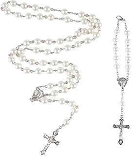 Pearl Holy Prayer Catholic Necklace Long Holy Prayer Beads Necklace Glass Rosary Beads Necklace with Medal Cross Crucifix Charm for Women Men With matching bracelet(70cm+15cm)