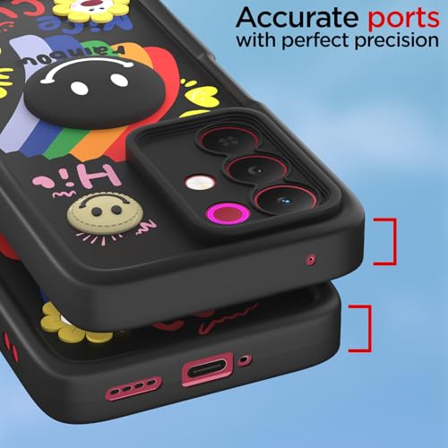 Image of Pikkme Back Cover for Realme Narzo 90X 5G / Realme C85 5G / Realme 15X 5G | Soft Silicone| Cute Rainbow Smile & 3D Cartoon Flower Design | Shockproof Raised Camera Protection Bumper Case (Black)