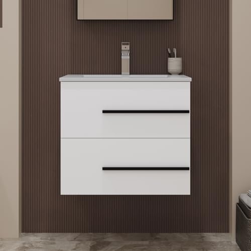 LDarqeer Waschbecken mit Unterschrank 60 cm breit Waschbeckenunterschrank Badmöbel Set für Gäste-WC Hängender Waschtisch mit Keramikwaschbecken Weiß Hochglanz Badmöbel mit 2 Soft-Close-Schubladen