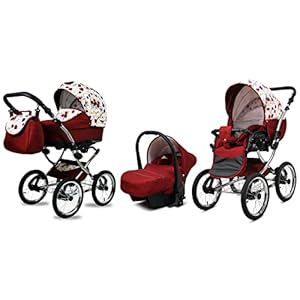 BabyLux Margaret Exclusive 3 in 1 Reisesystem Retro-Kind | Fuß + Spazerei + Autositz mit Zubehör, Regenfolie, Räder 14" Gepupft | Blumenblumen auf Weiß