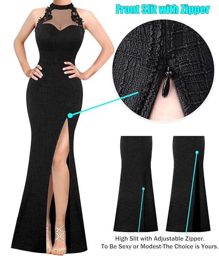 Image of VFSHOW Womens Formal Sexy Halter High Slit Prom Wedding Guest Maxi Dress 2023 Illusion Sweetheart Neckline Evening Long Gown