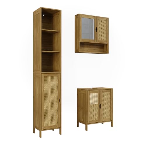 Vicco Badmöbel-Set Liora, Bambus, 48 cm, besteht aus Waschbeckenunterschrank, Spiegelschrank und Hochschrank